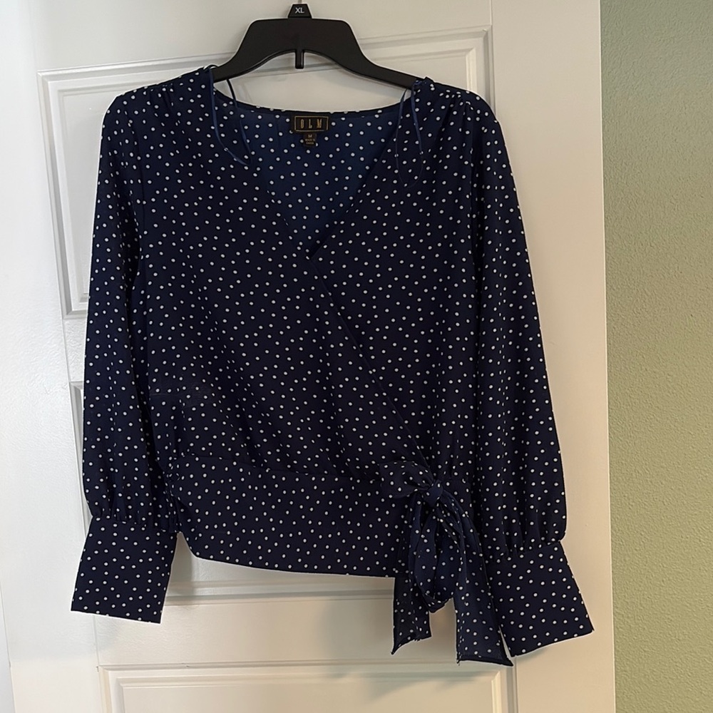 V-neck Navy Blue & White Wrap Tie Front Blouse